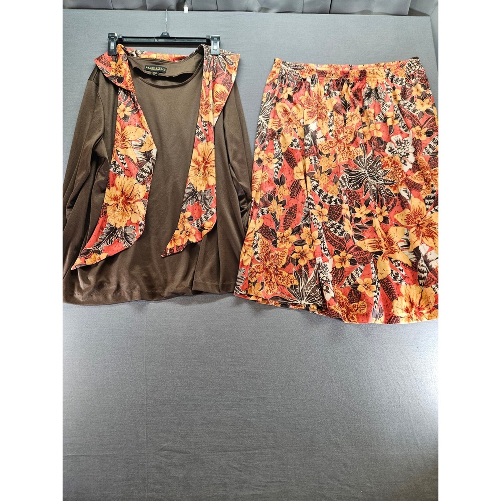 Salon Studio Haband Brown Floral Skirt Set Womens XL Long Sleeve Top Midi Skirt